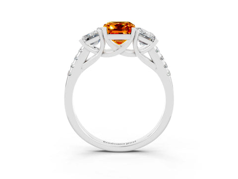 White gold Three-Stone Emerald Cut Citrine Ring with Pavé Band and Prong Setting_15