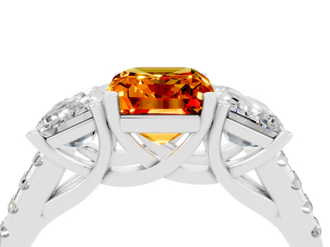White gold Three-Stone Emerald Cut Citrine Ring with Pavé Band and Prong Setting_16