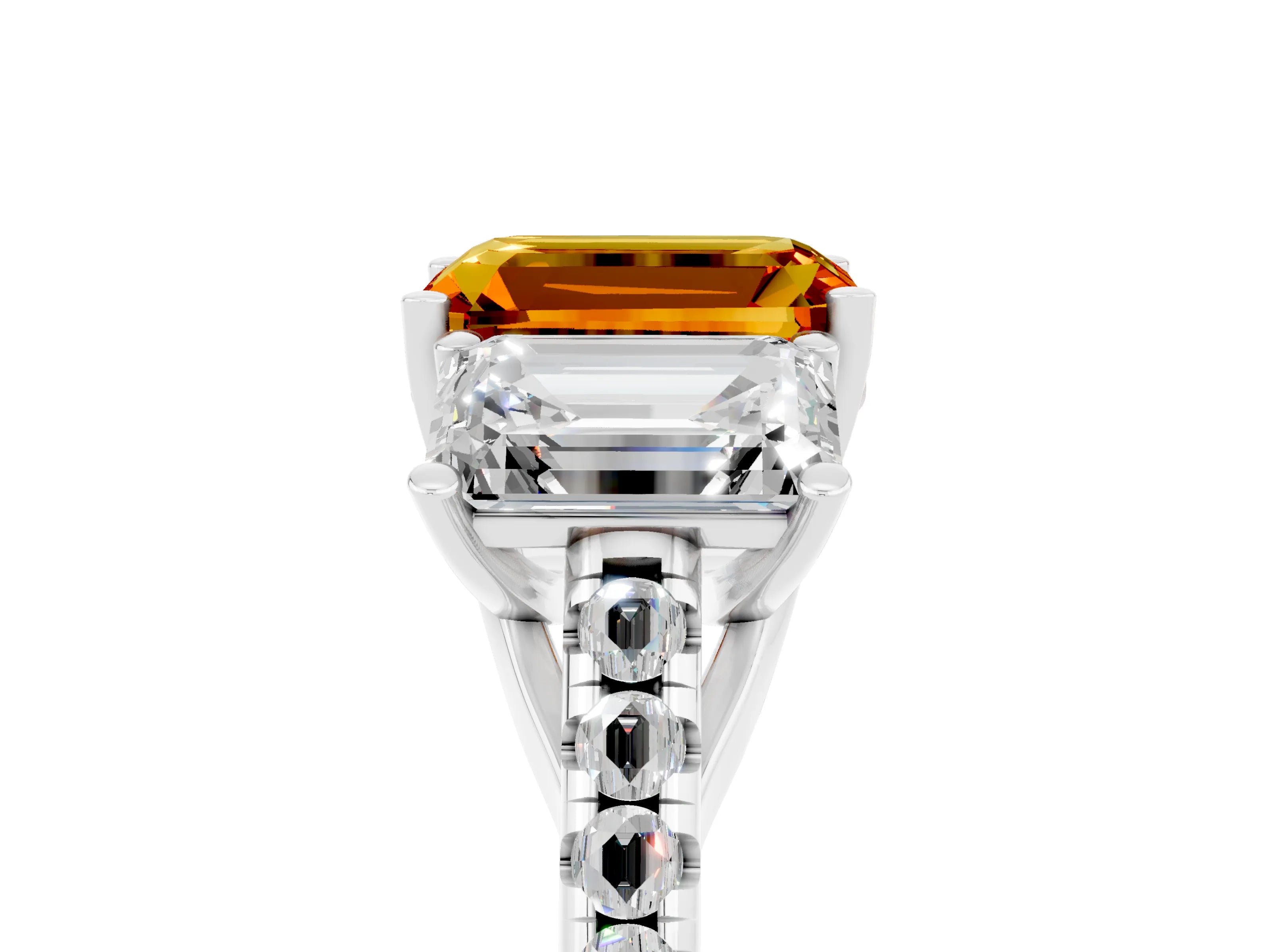 White gold Three-Stone Emerald Cut Citrine Ring with Pavé Band and Prong Setting_17