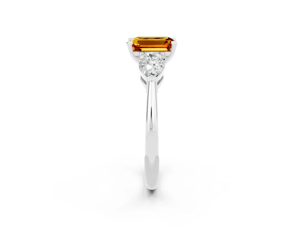 White gold Three-Stone Emerald Cut Citrine Ring with Pear Side Stones and Four-Prong Setting