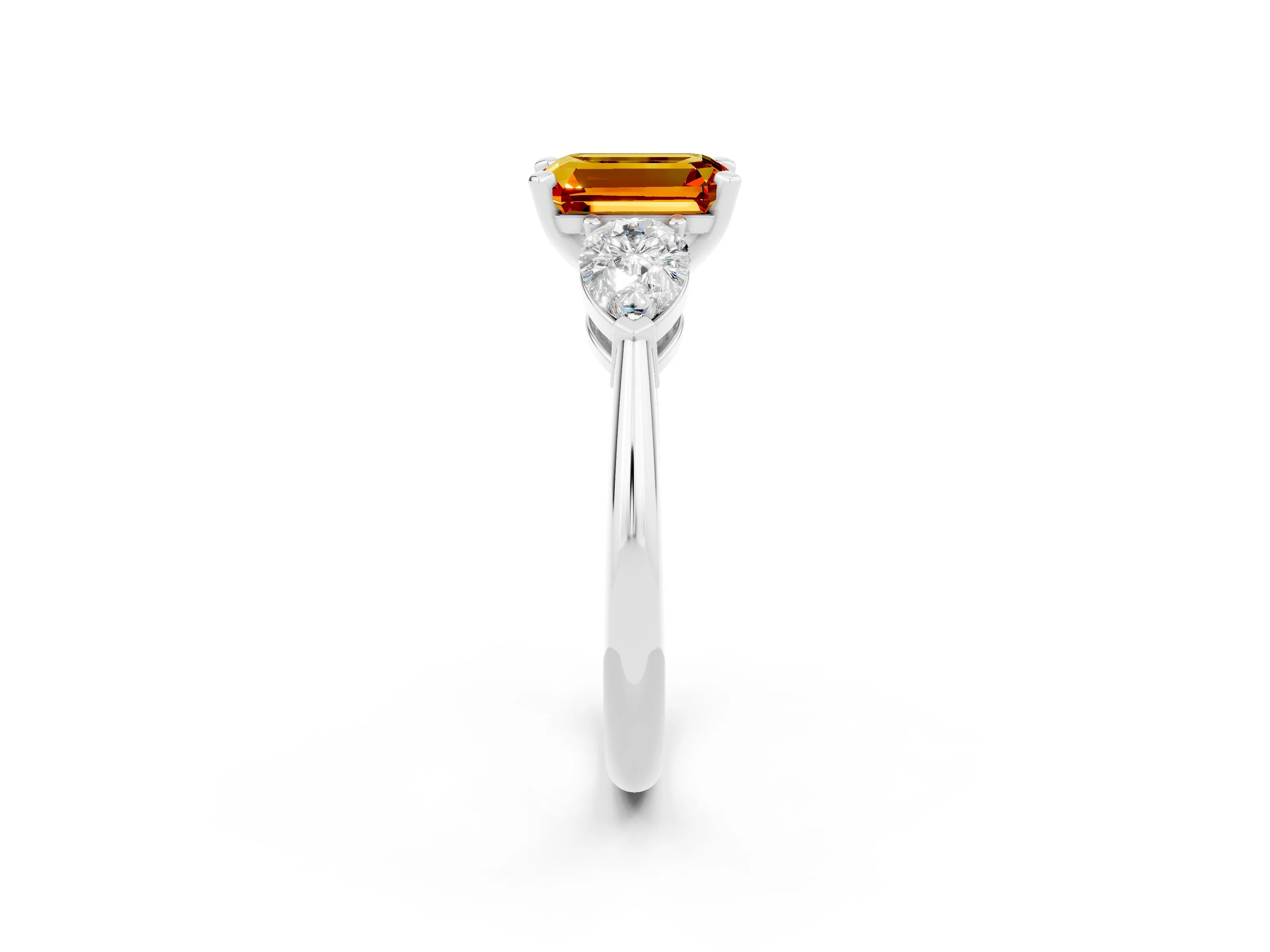 White gold Three-Stone Emerald Cut Citrine Ring with Pear Side Stones and Four-Prong Setting_2