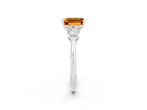 White gold Three-Stone Emerald Cut Citrine Ring with Pear Side Stones and Four-Prong Setting_2