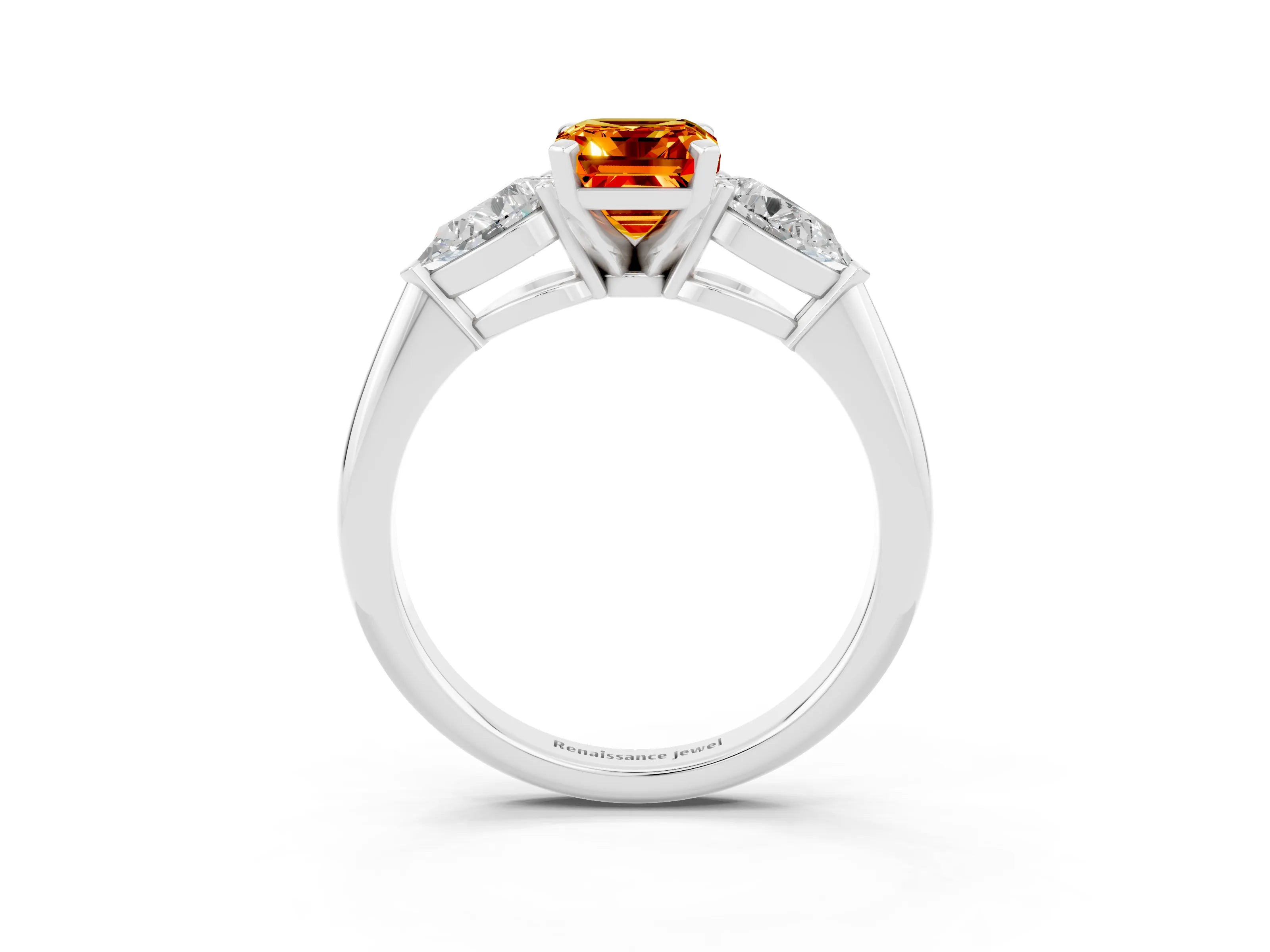 White gold Three-Stone Emerald Cut Citrine Ring with Pear Side Stones and Four-Prong Setting_3