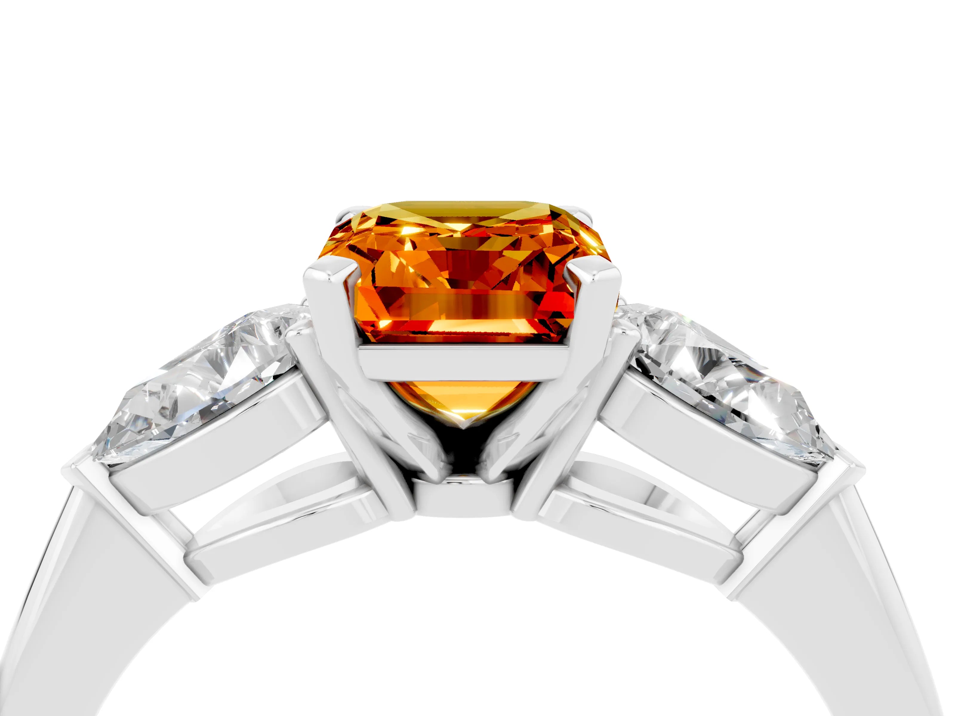 White gold Three-Stone Emerald Cut Citrine Ring with Pear Side Stones and Four-Prong Setting_4