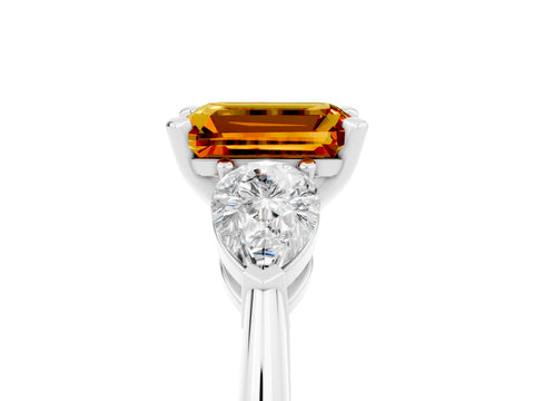 White gold Three-Stone Emerald Cut Citrine Ring with Pear Side Stones and Four-Prong Setting_5