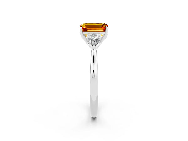 White gold Three-Stone Emerald Cut Citrine Ring with Pear  Side Stones in Four-Prong Setting