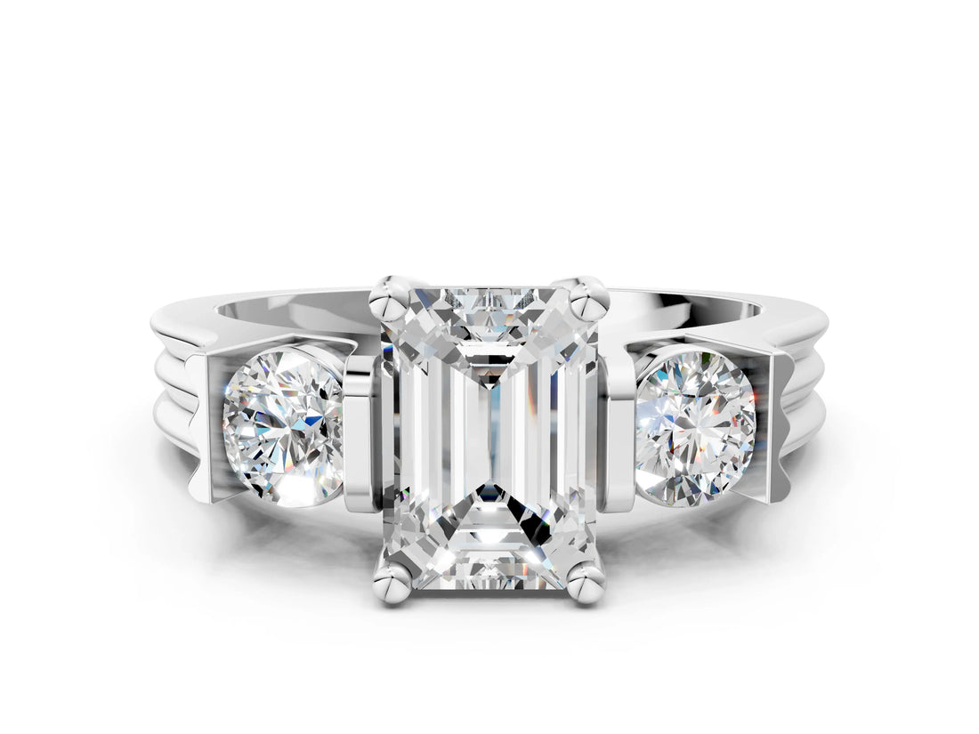 White gold Three-Stone Emerald Cut Cut Classic Band Prong Setting Ring_7