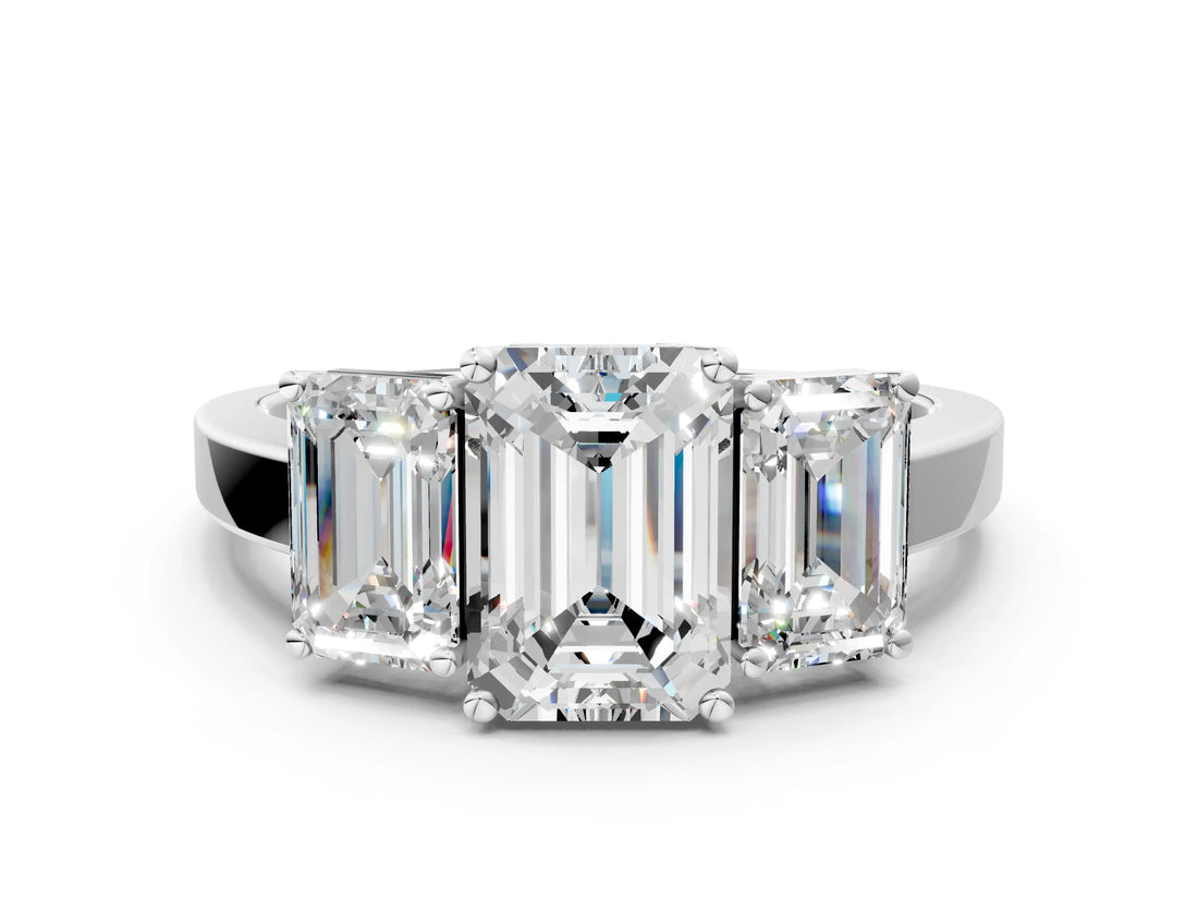 White gold Three-Stone Emerald Cut Cut Diamond Engagement Ring with Flat Band and Four-Prong Setting_160