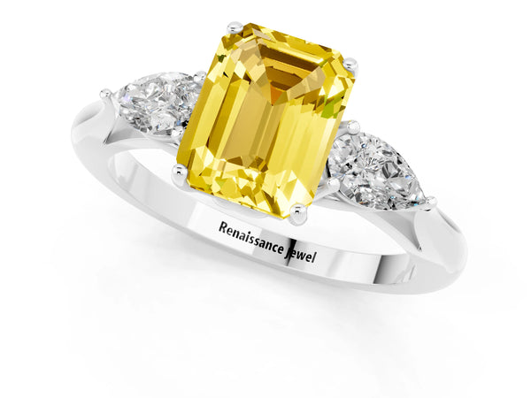 Platinum Three-Stone Emerald Cut Yellow Sapphire Ring with Pear  Side Stones in Four-Prong Setting