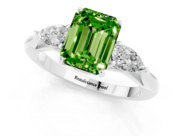 Silver Three-Stone Emerald Cut Cut Diamond Ring with Pear Side Stones in Four-Prong Setting