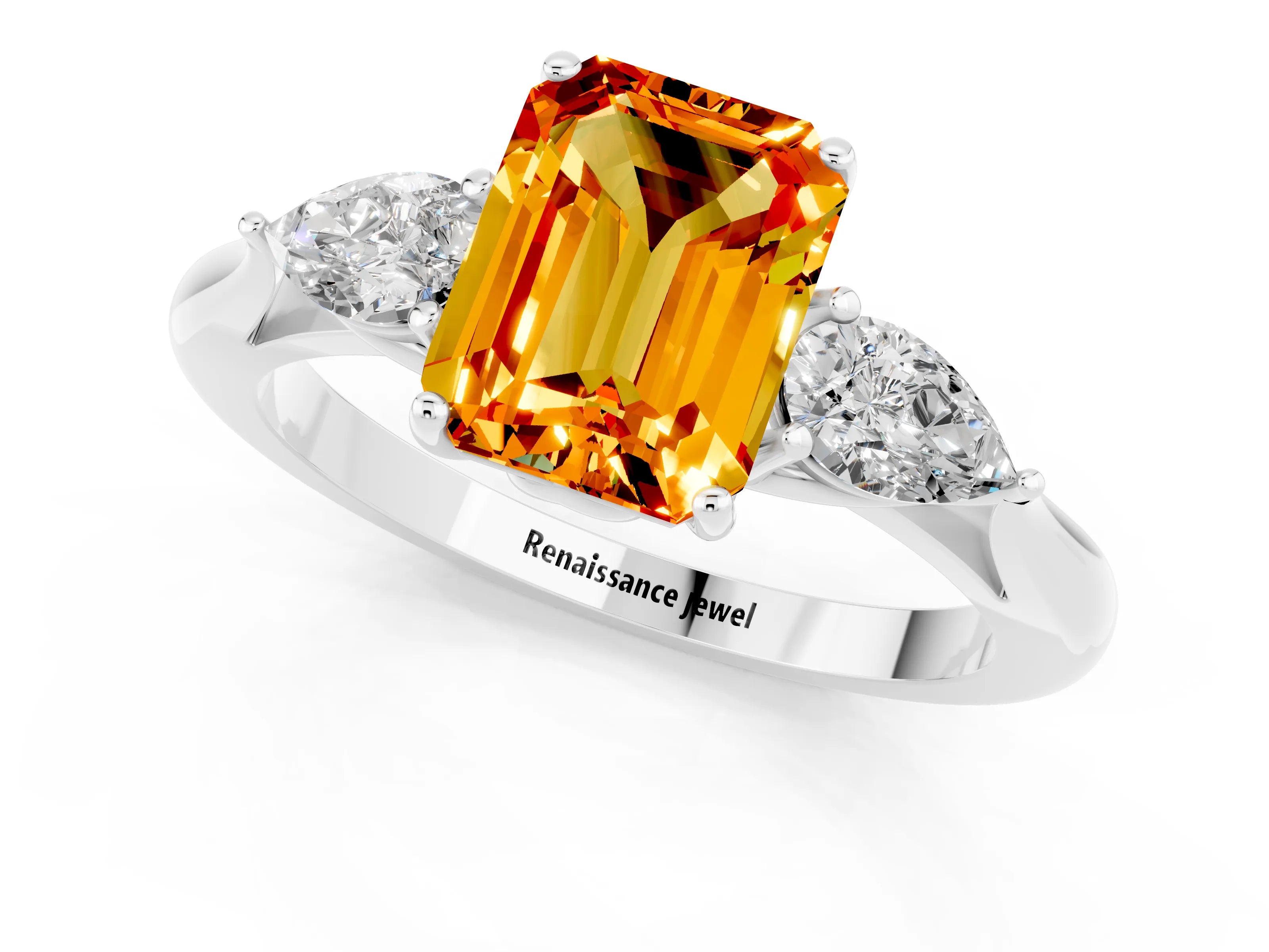 White gold Three-Stone Emerald Cut Cut Diamond Ring with Pear Side Stones in Four-Prong Setting_1