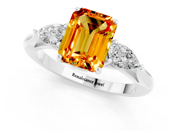 Silver Three-Stone Emerald Cut Citrine Ring with Pear  Side Stones in Four-Prong Setting