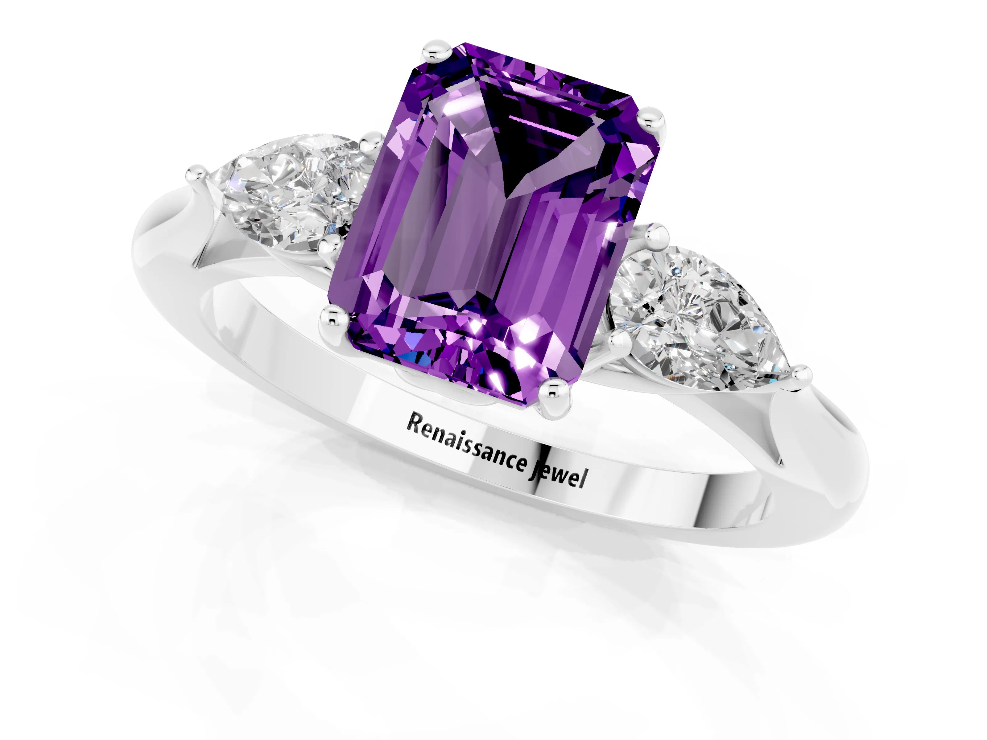 White gold Three-Stone Emerald Cut Cut Diamond Ring with Pear Side Stones in Four-Prong Setting_1