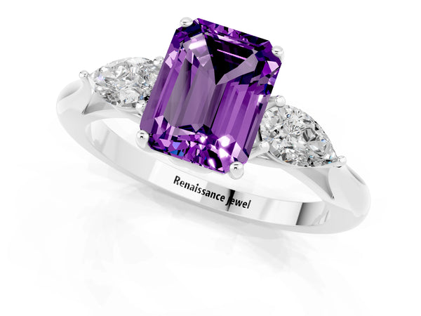 Silver Three-Stone Emerald Cut Amethyst Ring with Pear  Side Stones in Four-Prong Setting