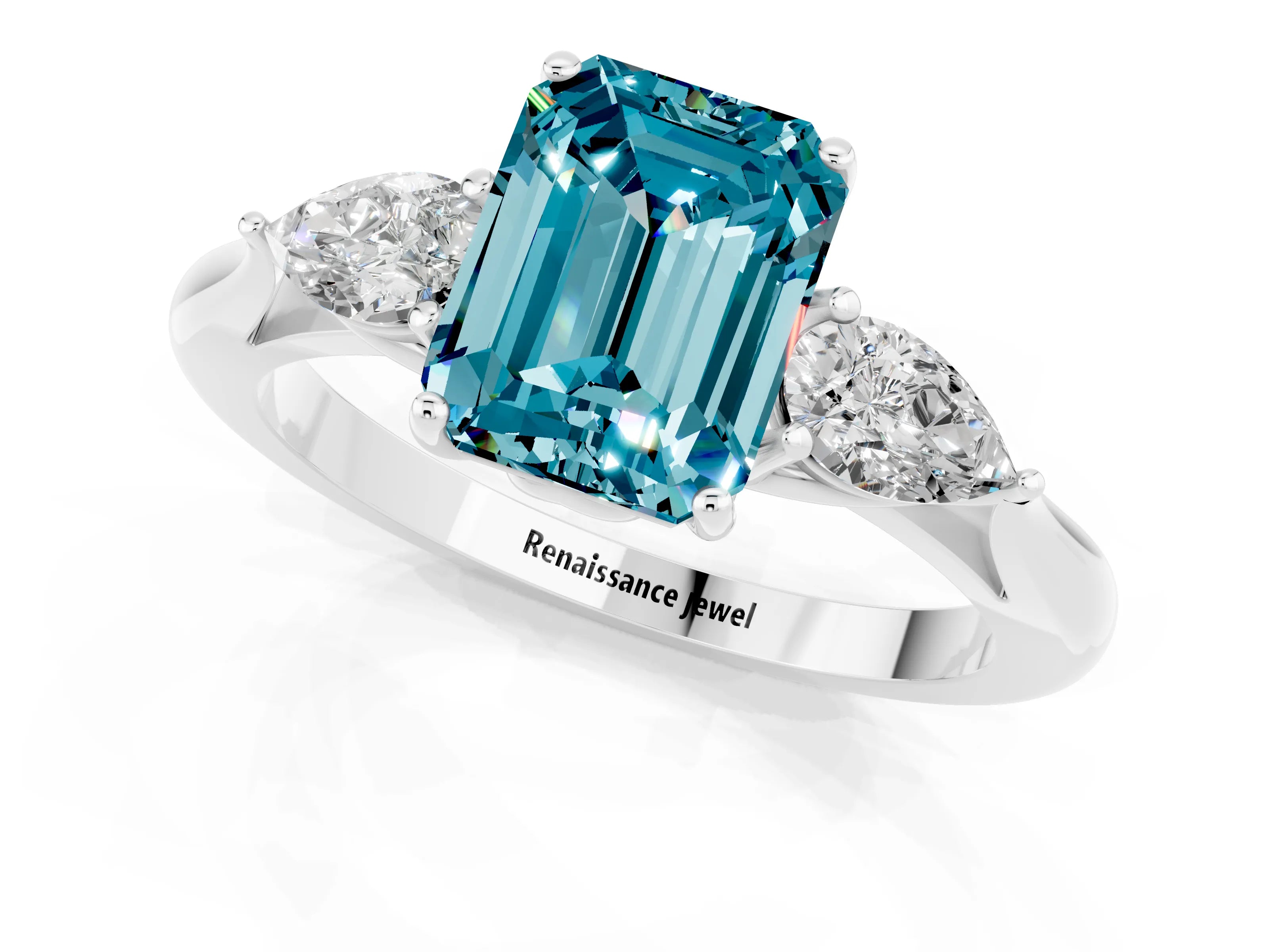 White gold Three-Stone Emerald Cut Cut Diamond Ring with Pear Side Stones in Four-Prong Setting_1