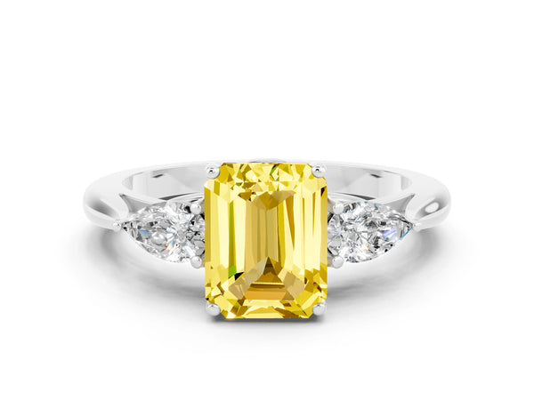 White gold Three-Stone Emerald Cut Yellow Sapphire Ring with Pear  Side Stones in Four-Prong Setting