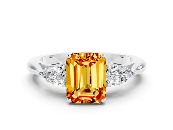 Platinum Three-Stone Emerald Cut Citrine Ring with Pear  Side Stones in Four-Prong Setting