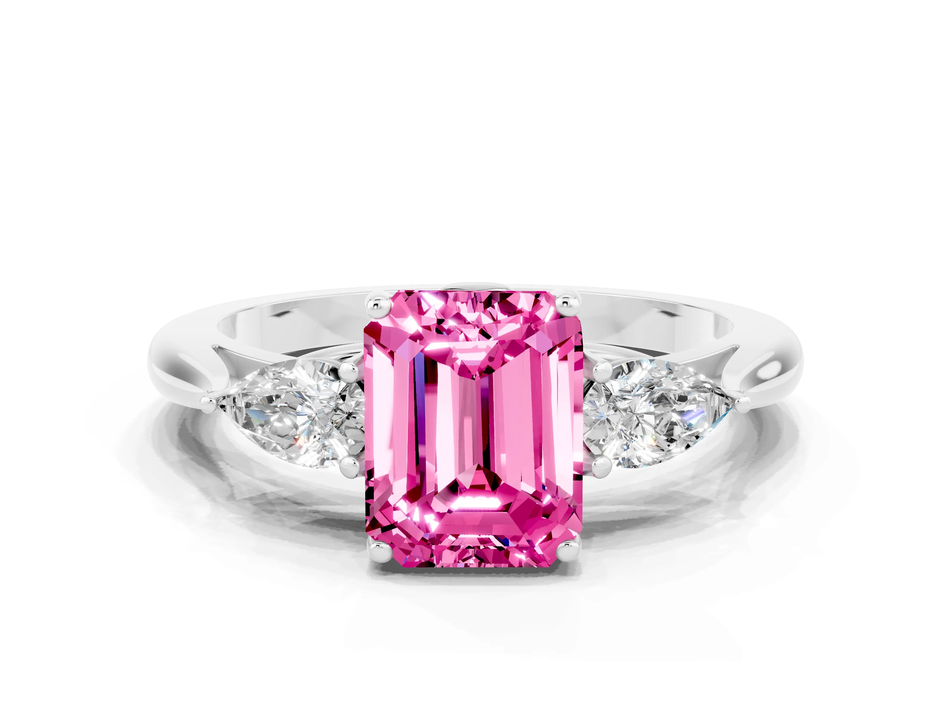 White gold Three-Stone Emerald Cut Cut Diamond Ring with Pear Side Stones in Four-Prong Setting
