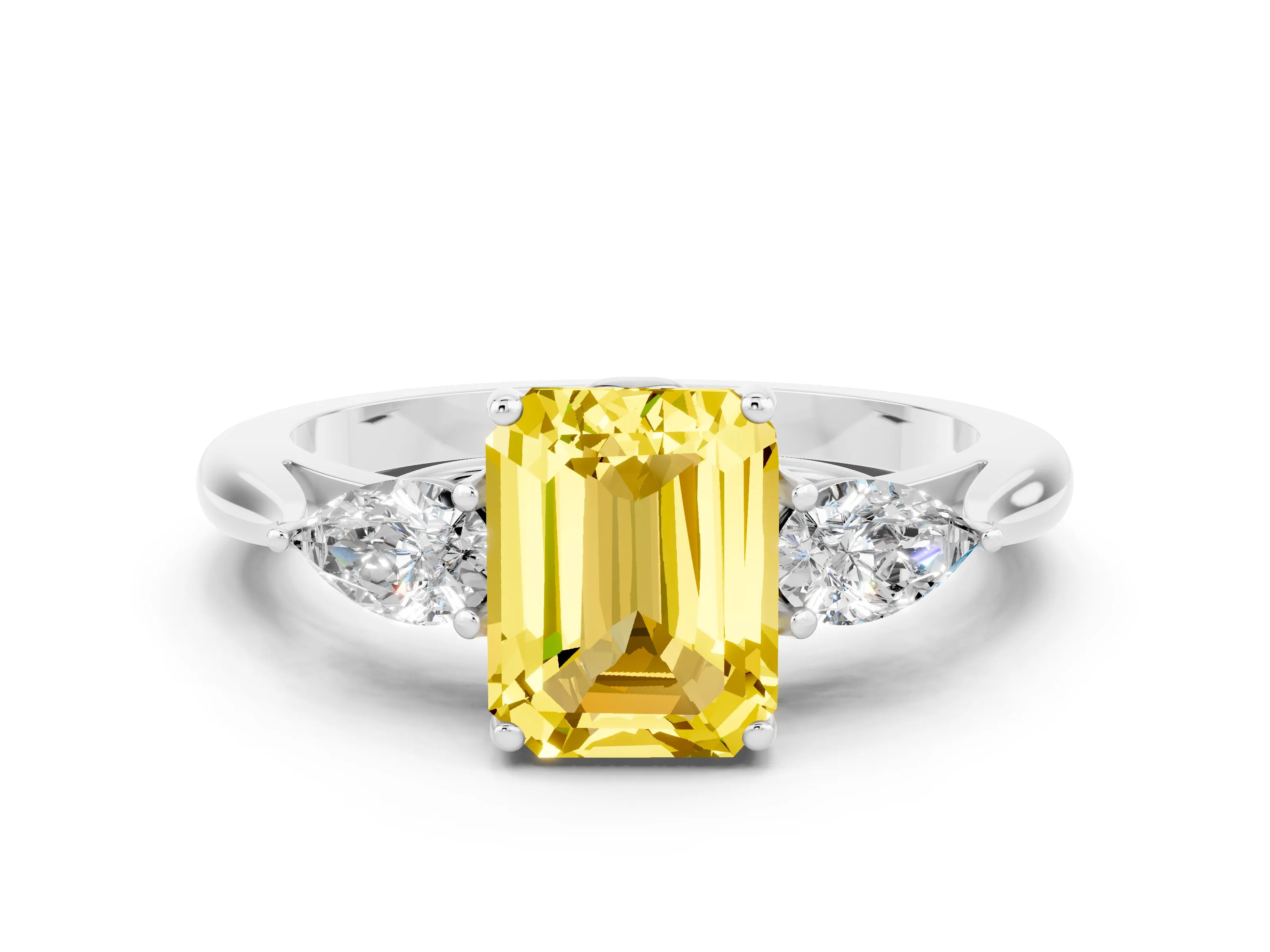 White gold Three-Stone Emerald Cut Cut Diamond Ring with Pear Side Stones in Four-Prong Setting