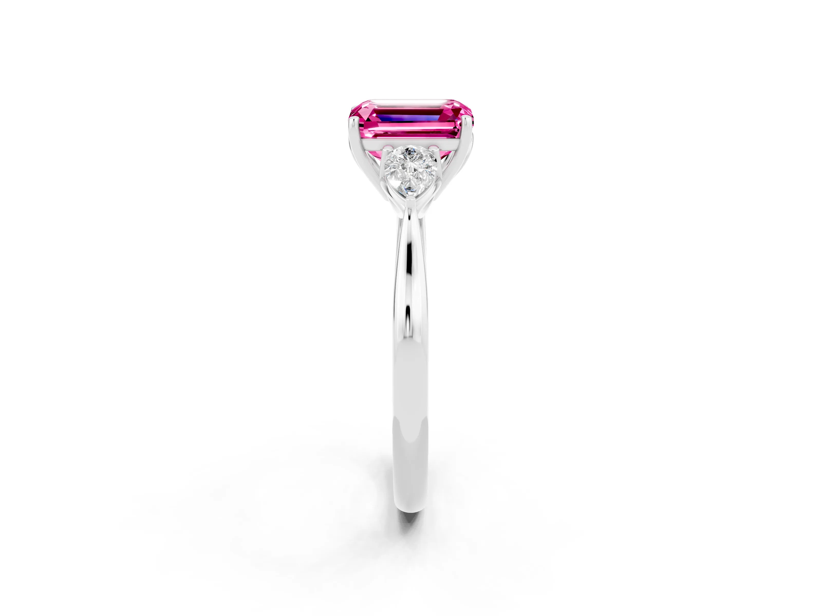 White gold Three-Stone Emerald Cut Cut Diamond Ring with Pear Side Stones in Four-Prong Setting_2