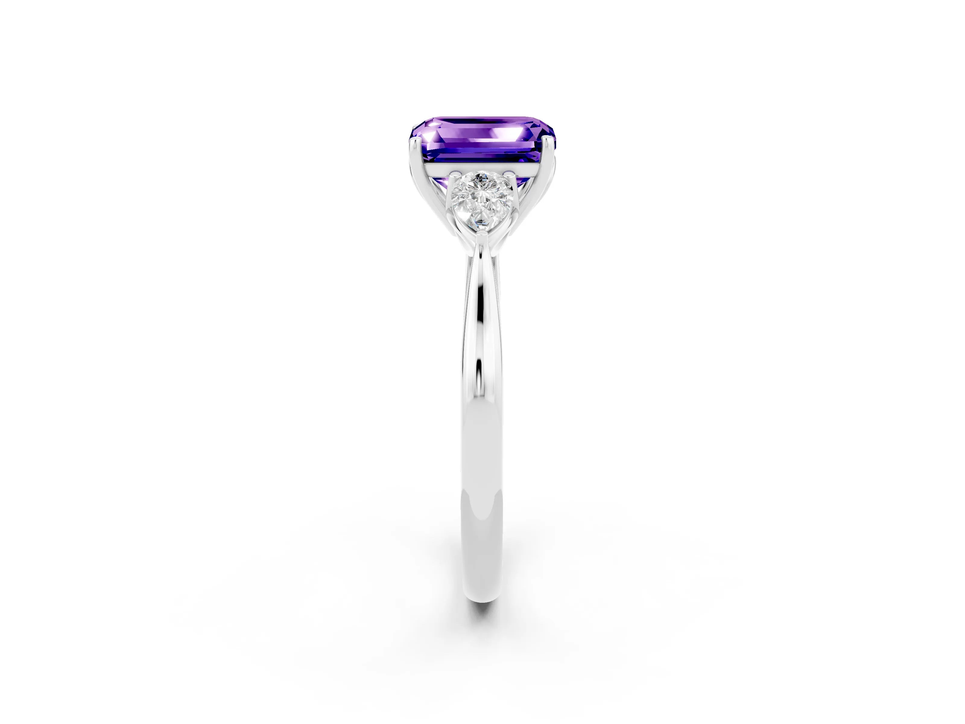 White gold Three-Stone Emerald Cut Cut Diamond Ring with Pear Side Stones in Four-Prong Setting_2