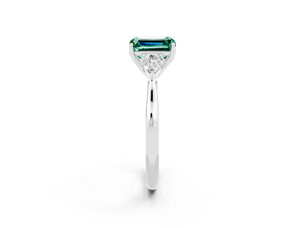 Platinum Three-Stone Emerald Cut Green Sapphire Ring with Pear  Side Stones in Four-Prong Setting