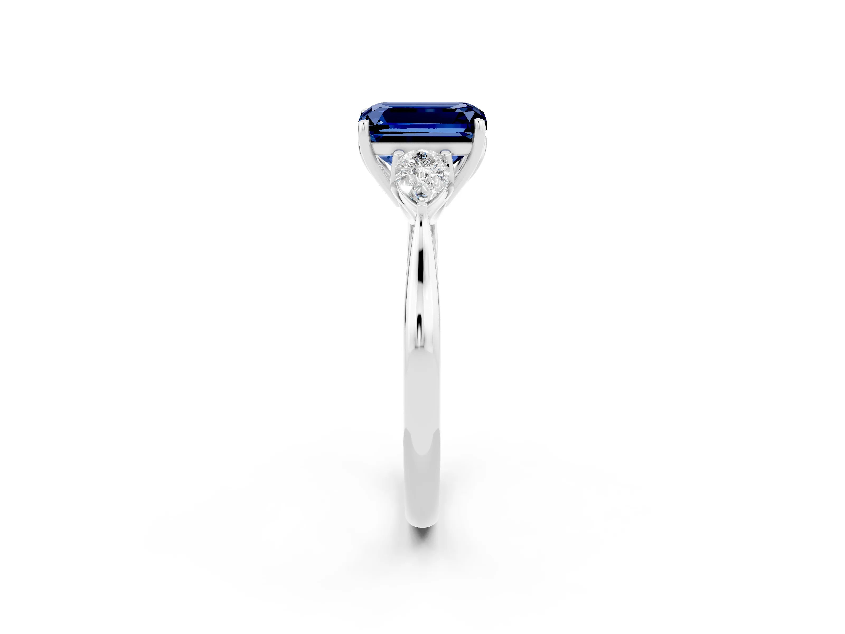 White gold Three-Stone Emerald Cut Cut Diamond Ring with Pear Side Stones in Four-Prong Setting_2