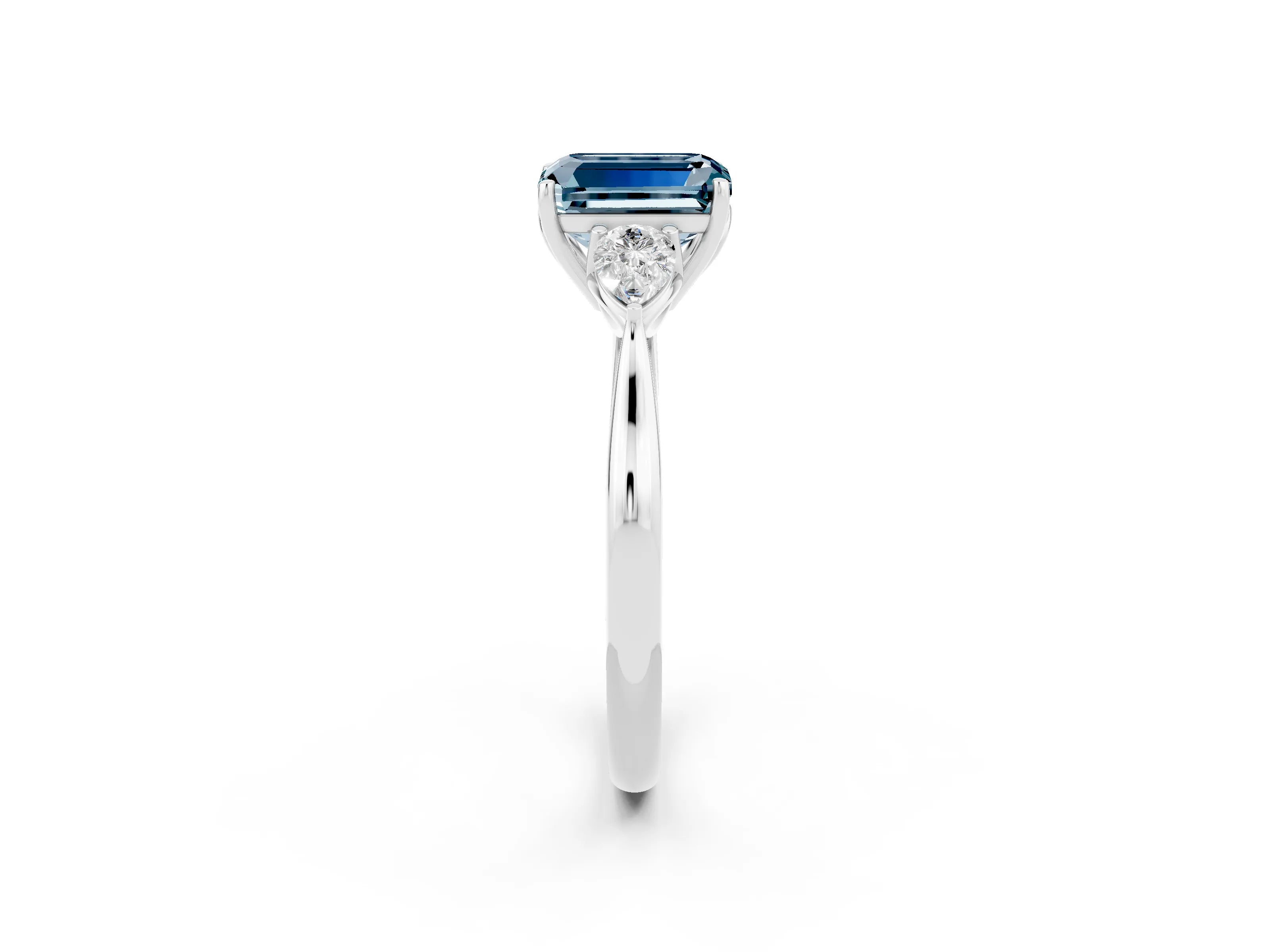 White gold Three-Stone Emerald Cut Cut Diamond Ring with Pear Side Stones in Four-Prong Setting_2
