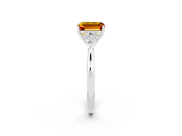 White gold Three-Stone Emerald Cut Citrine Ring with Pear  Side Stones in Four-Prong Setting