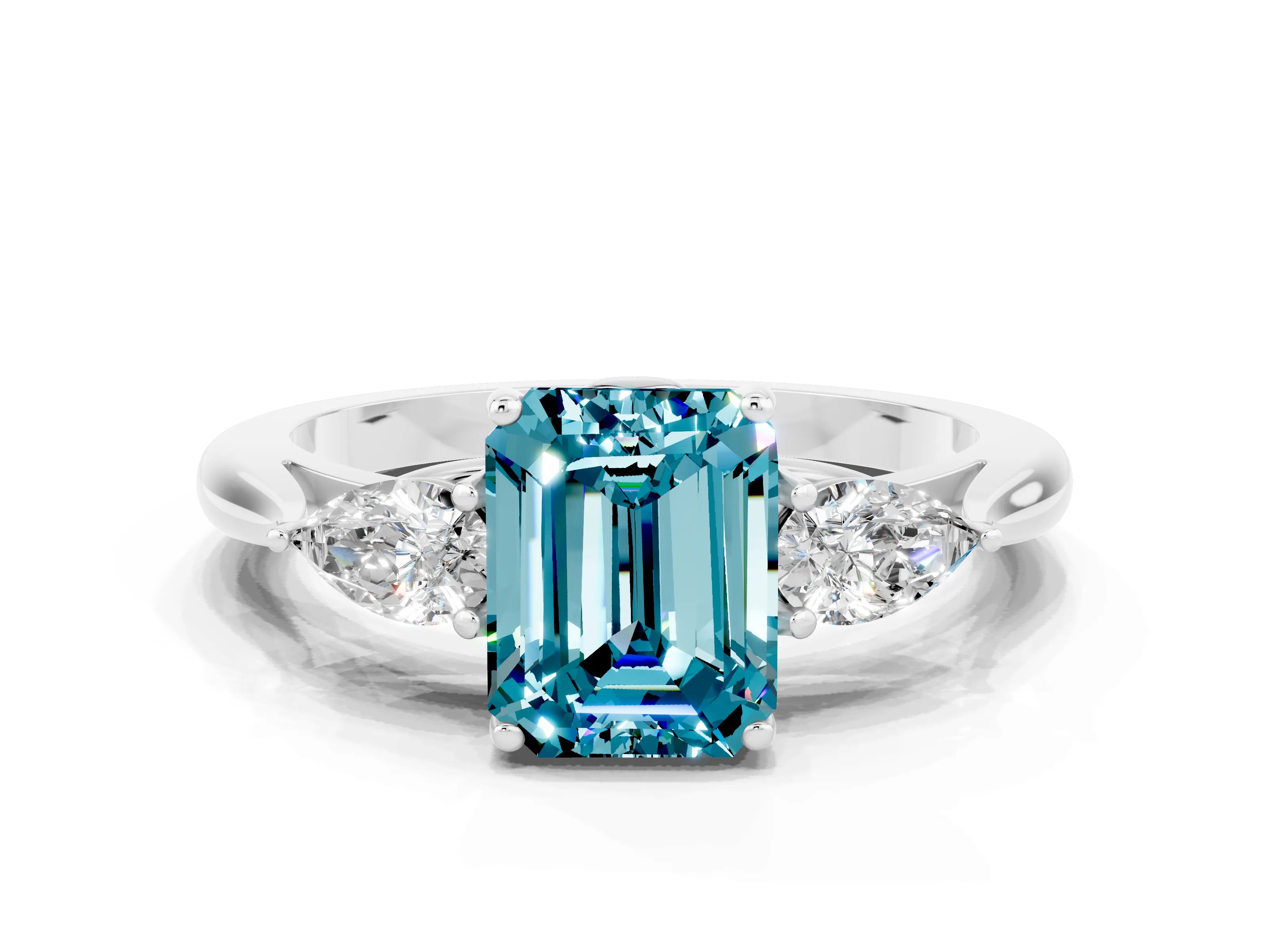 White gold Three-Stone Emerald Cut Cut Diamond Ring with Pear Side Stones in Four-Prong Setting