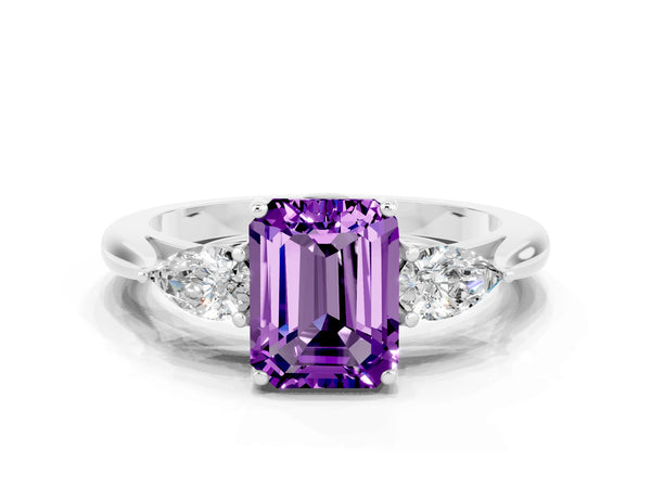 Platinum Three-Stone Emerald Cut Amethyst Ring with Pear  Side Stones in Four-Prong Setting