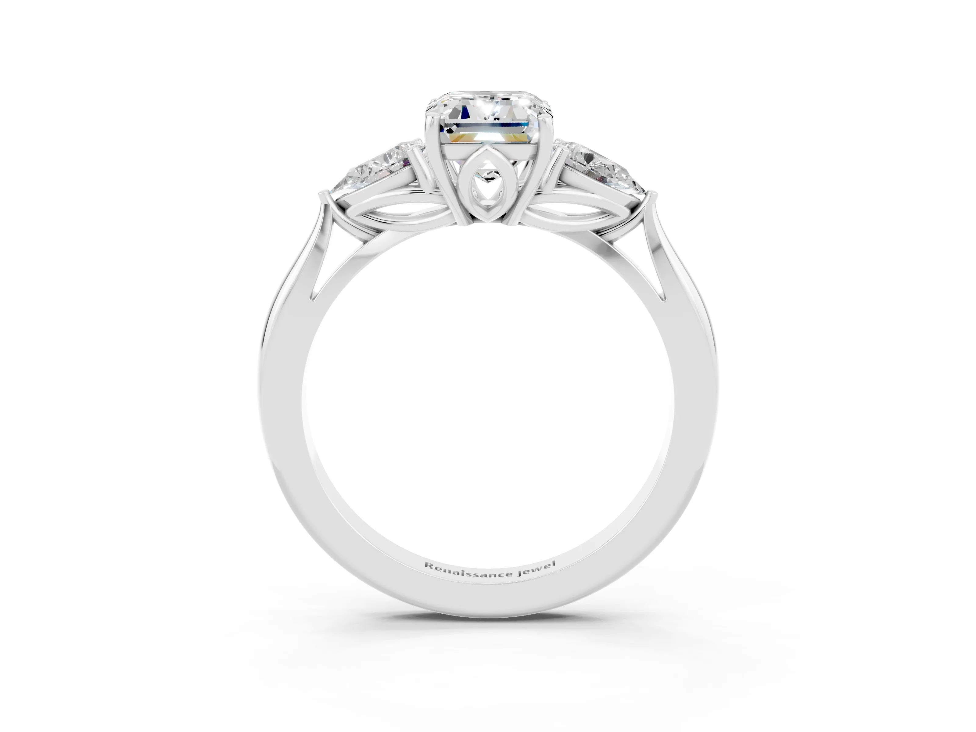 White gold Three-Stone Emerald Cut Cut Diamond Ring with Pear Side Stones in Four-Prong Setting_3