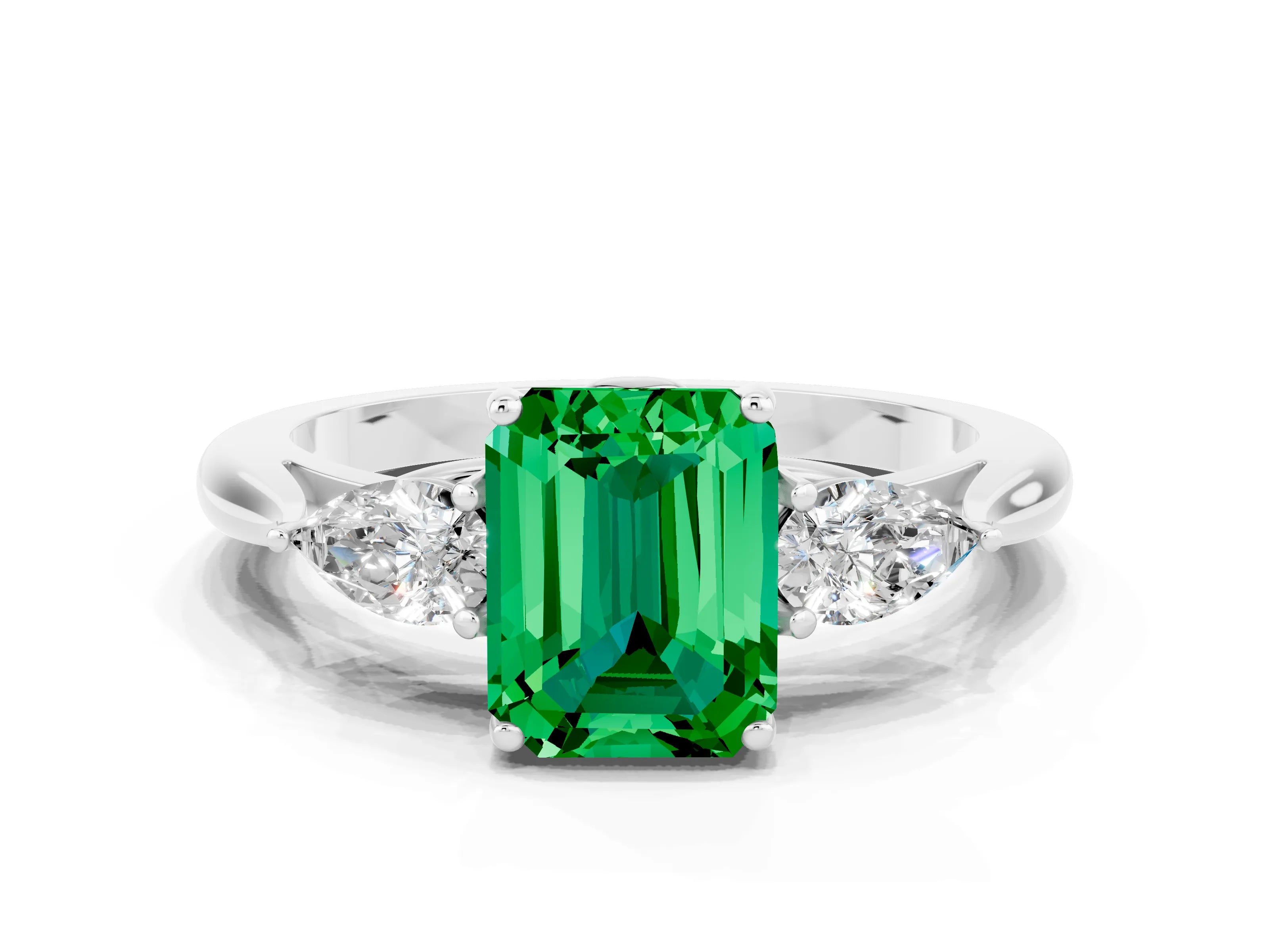 White gold Three-Stone Emerald Cut Cut Diamond Ring with Pear Side Stones in Four-Prong Setting
