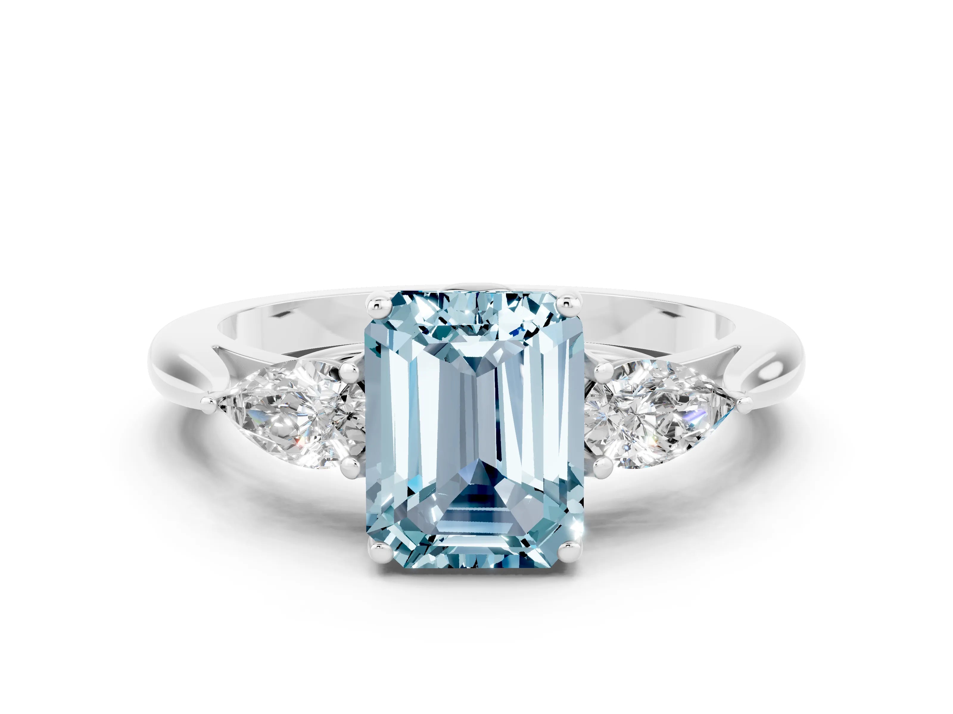 White gold Three-Stone Emerald Cut Cut Diamond Ring with Pear Side Stones in Four-Prong Setting