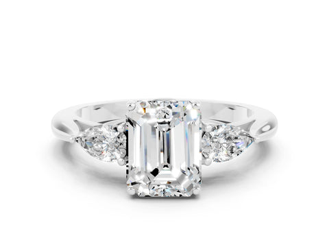 White gold Three-Stone Emerald Cut Cut Diamond Ring with Pear Side Stones in Four-Prong Setting