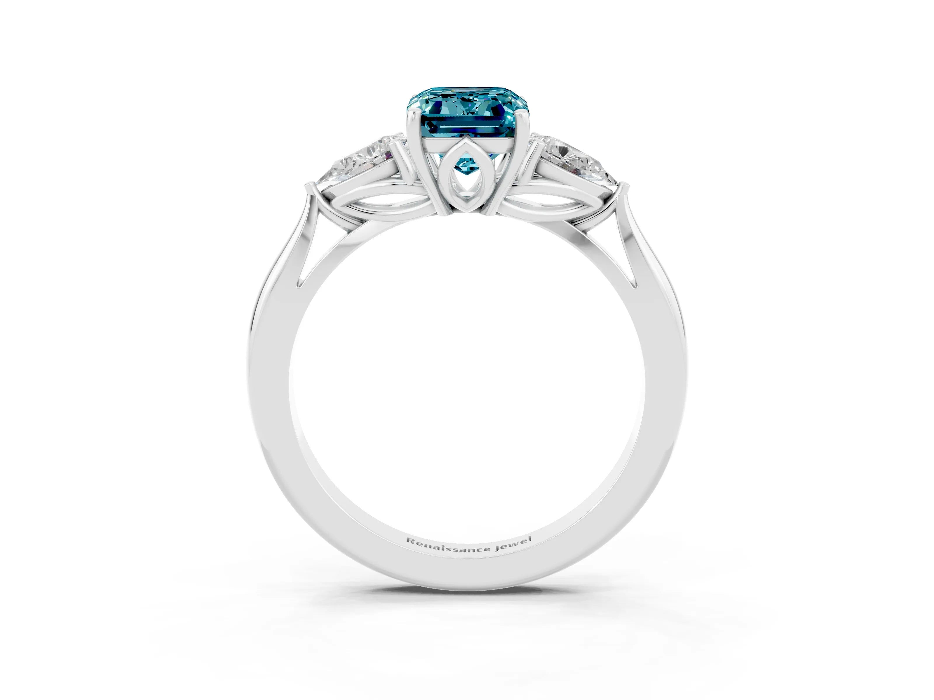 White gold Three-Stone Emerald Cut Cut Diamond Ring with Pear Side Stones in Four-Prong Setting_3