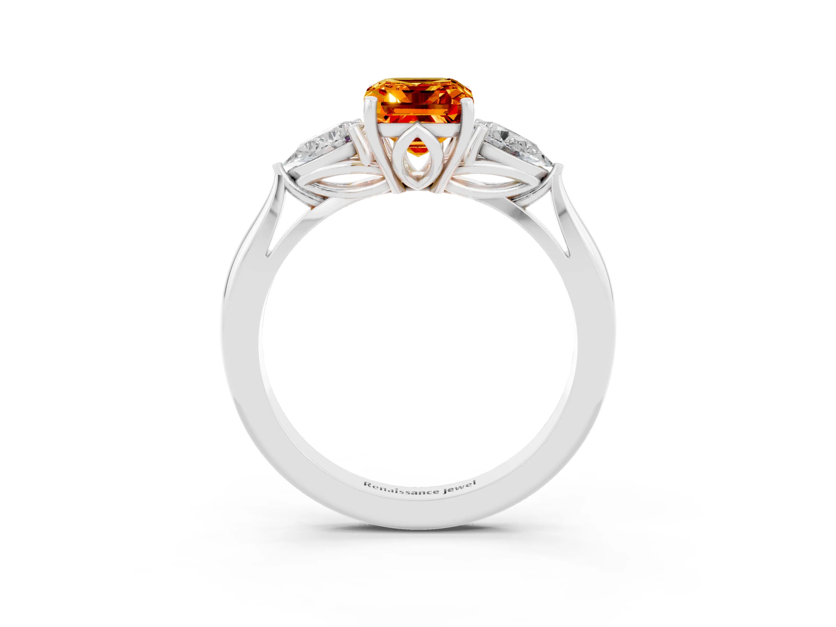 White gold Three-Stone Emerald Cut Cut Diamond Ring with Pear Side Stones in Four-Prong Setting_3