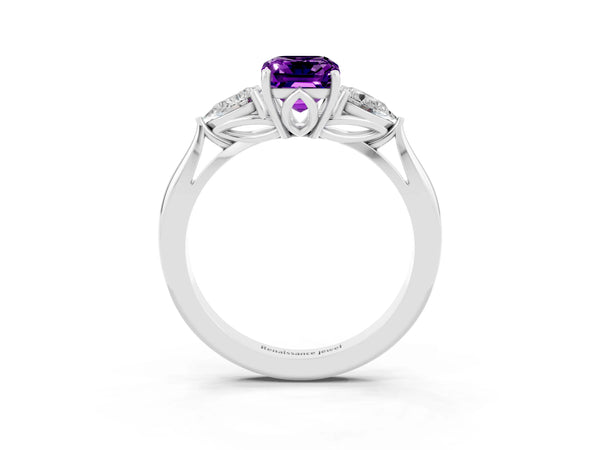 Platinum Three-Stone Emerald Cut Amethyst Ring with Pear  Side Stones in Four-Prong Setting
