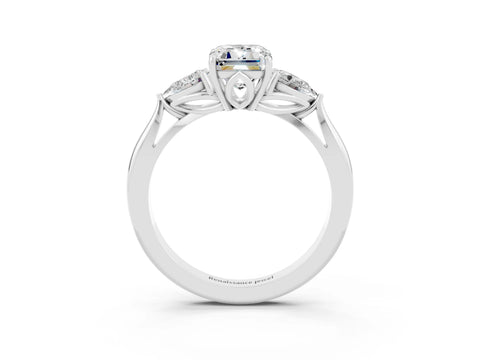 White gold Three-Stone Emerald Cut Cut Diamond Ring with Pear Side Stones in Four-Prong Setting_3