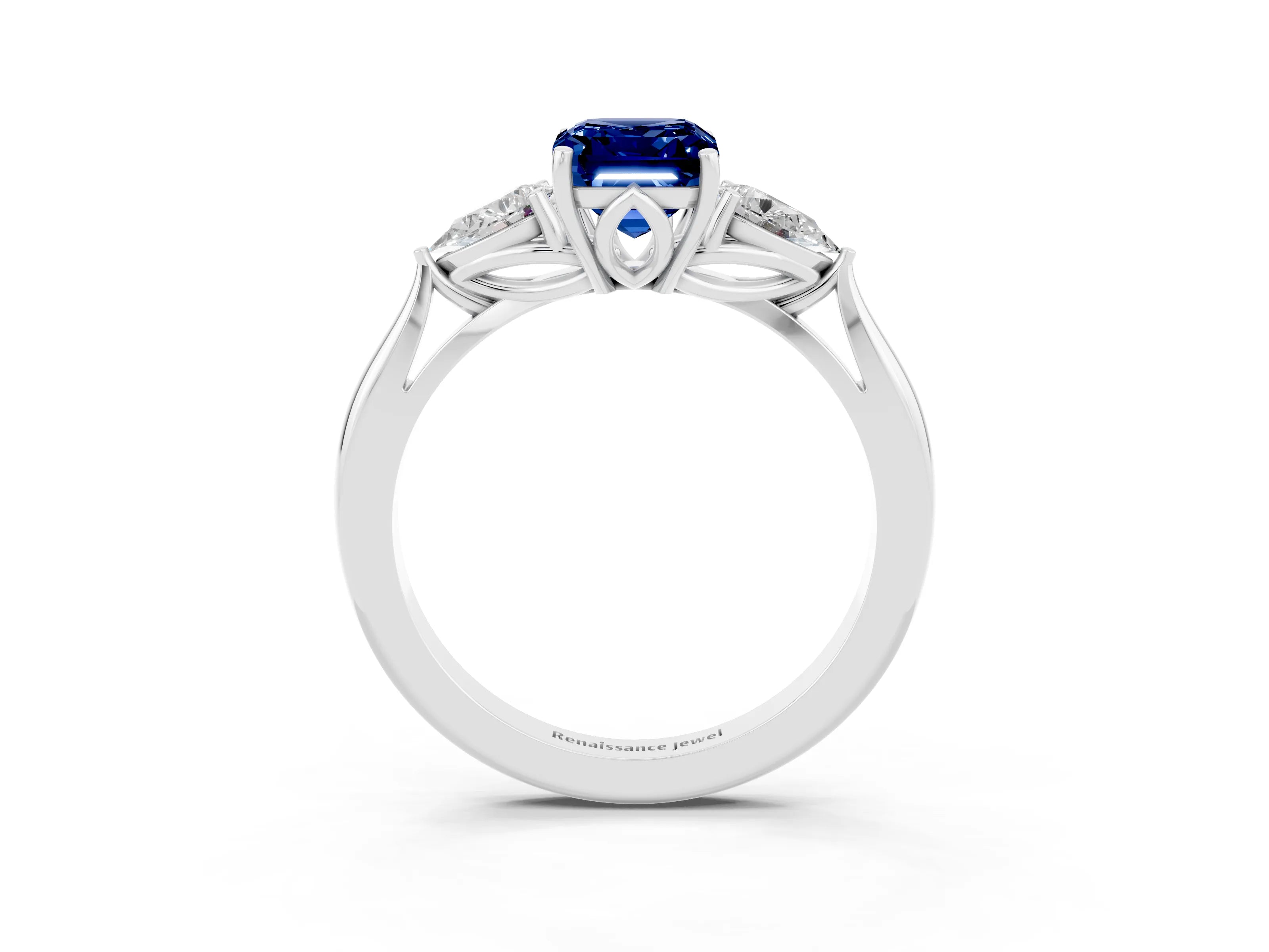 White gold Three-Stone Emerald Cut Cut Diamond Ring with Pear Side Stones in Four-Prong Setting_3
