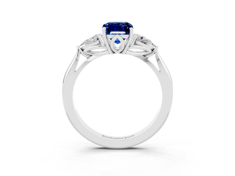 White gold Three-Stone Emerald Cut Cut Diamond Ring with Pear Side Stones in Four-Prong Setting_3
