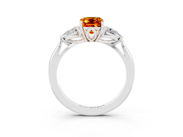 Platinum Three-Stone Emerald Cut Citrine Ring with Pear  Side Stones in Four-Prong Setting