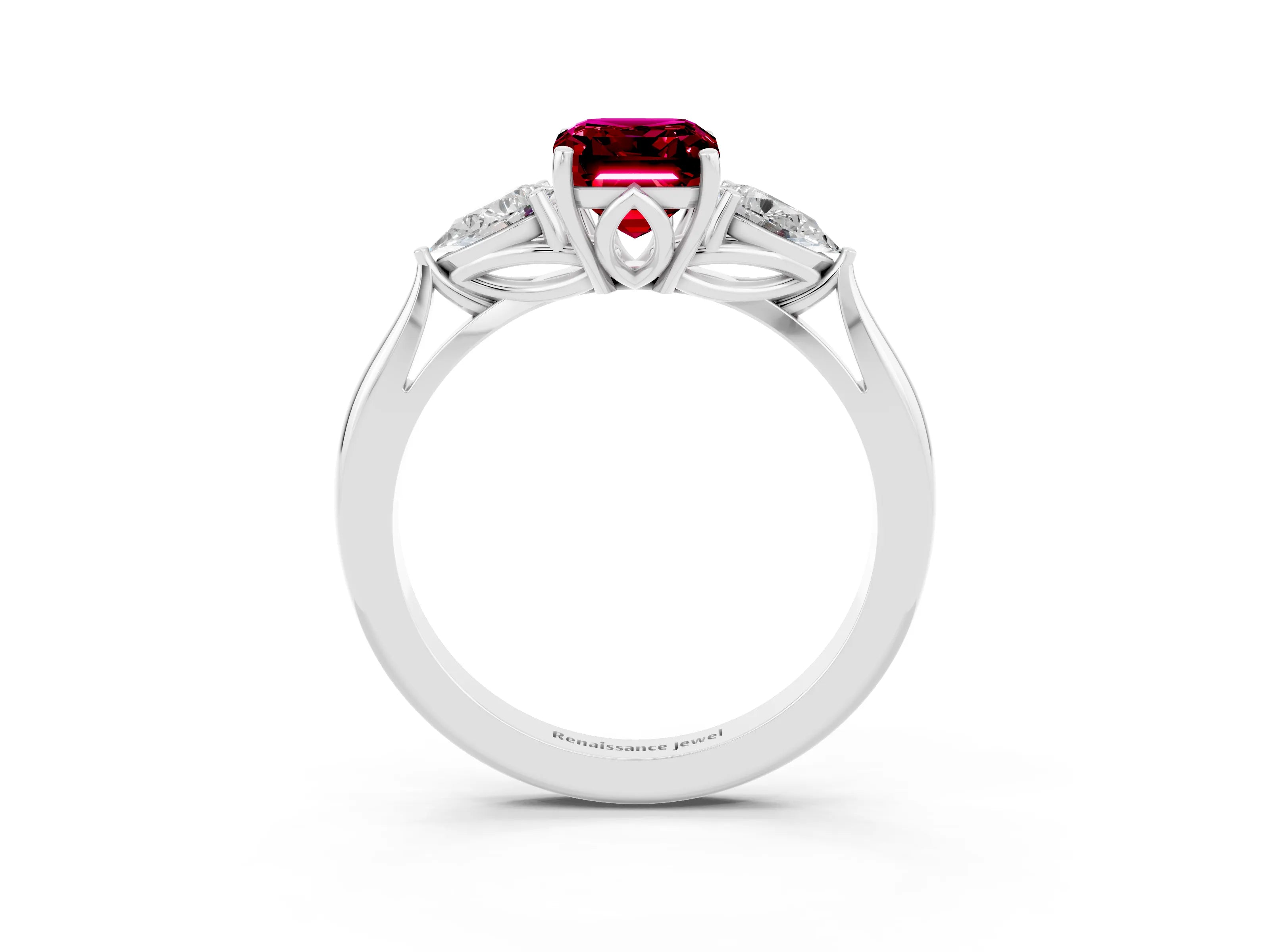 White gold Three-Stone Emerald Cut Cut Diamond Ring with Pear Side Stones in Four-Prong Setting_3