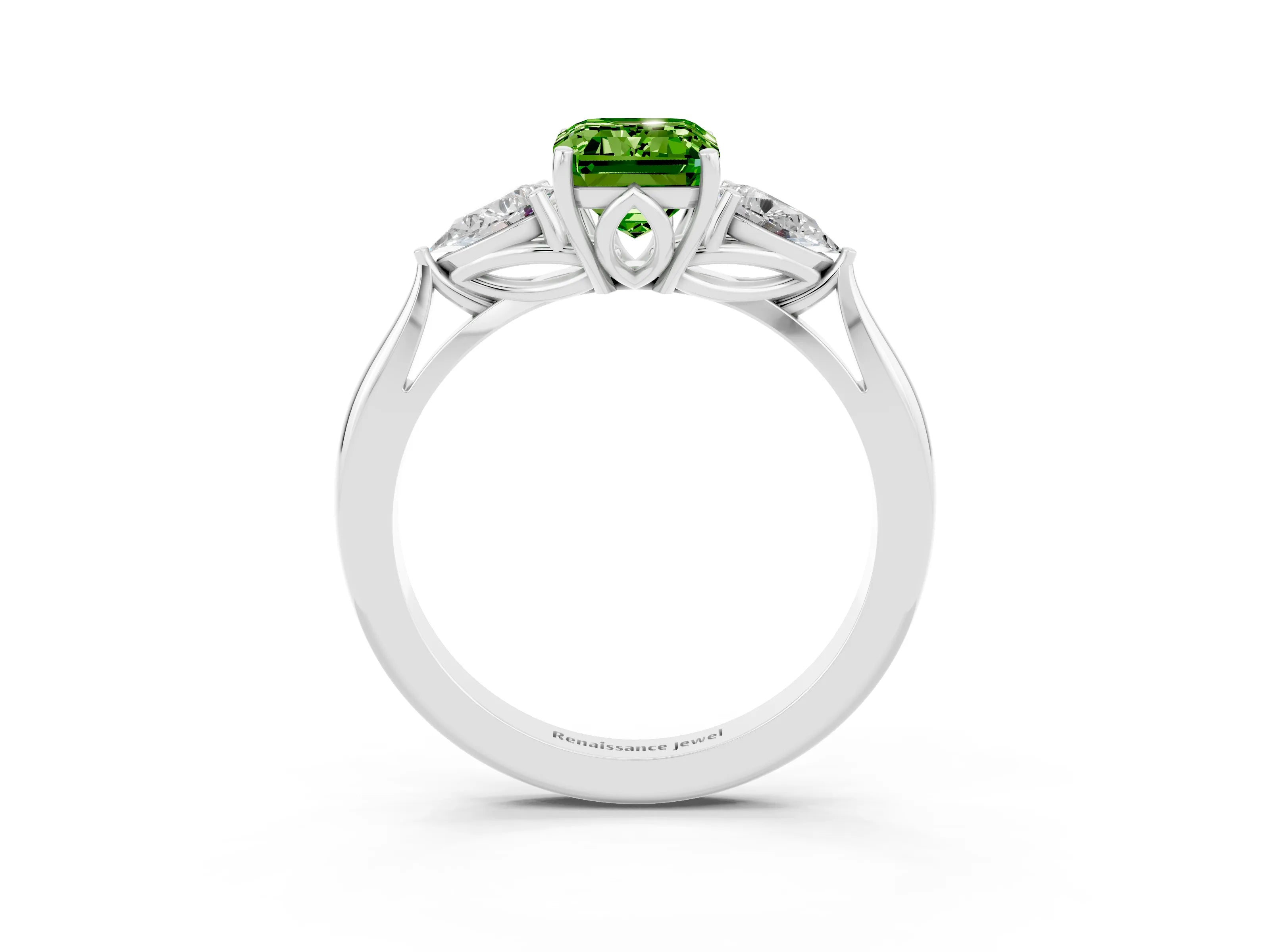 White gold Three-Stone Emerald Cut Cut Diamond Ring with Pear Side Stones in Four-Prong Setting_3