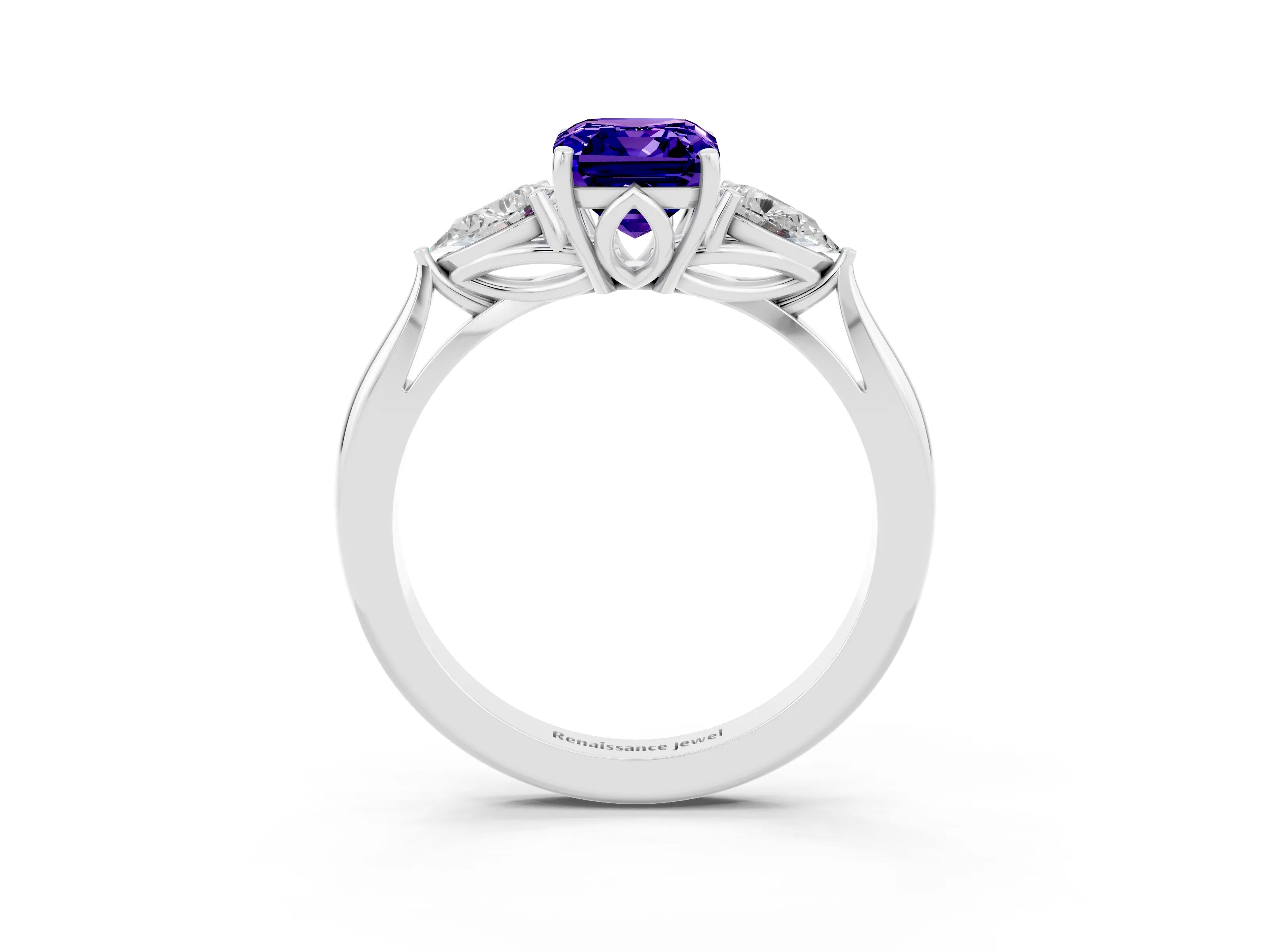 White gold Three-Stone Emerald Cut Cut Diamond Ring with Pear Side Stones in Four-Prong Setting_3