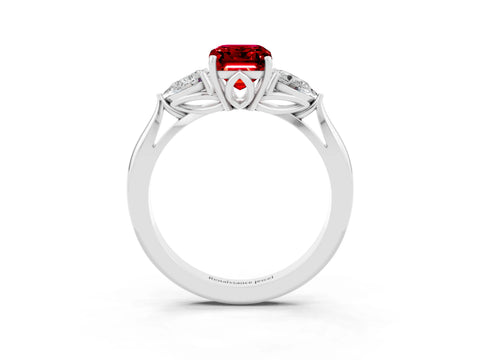 White gold Three-Stone Emerald Cut Cut Diamond Ring with Pear Side Stones in Four-Prong Setting_3
