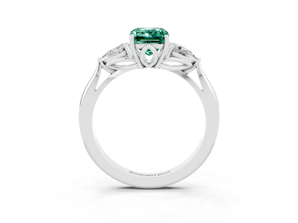 Platinum Three-Stone Emerald Cut Green Sapphire Ring with Pear  Side Stones in Four-Prong Setting
