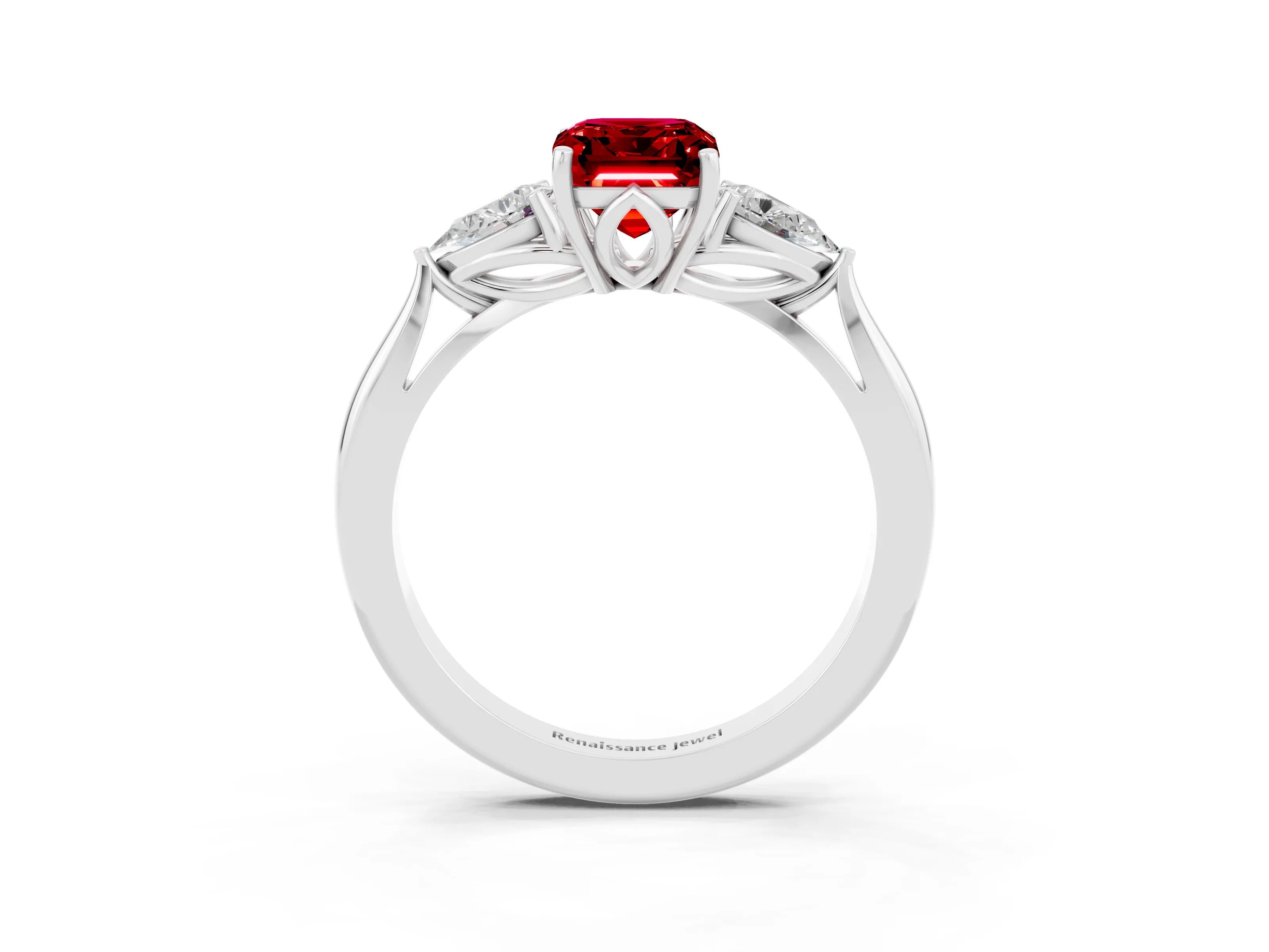 White gold Three-Stone Emerald Cut Cut Diamond Ring with Pear Side Stones in Four-Prong Setting_3