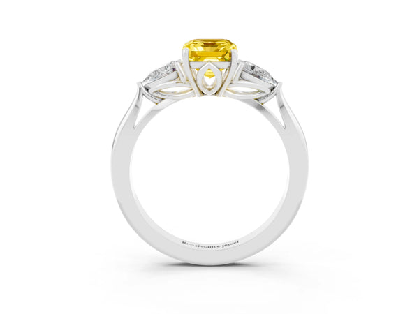 Platinum Three-Stone Emerald Cut Yellow Sapphire Ring with Pear  Side Stones in Four-Prong Setting