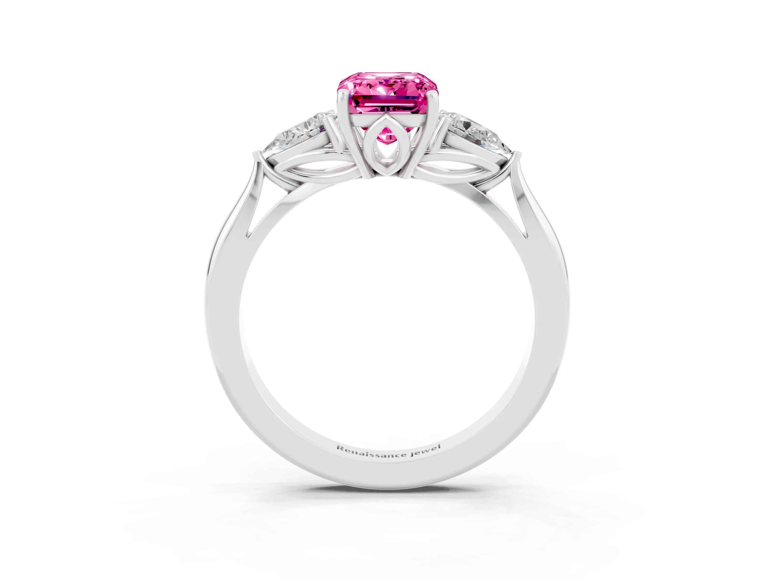 White gold Three-Stone Emerald Cut Cut Diamond Ring with Pear Side Stones in Four-Prong Setting_3